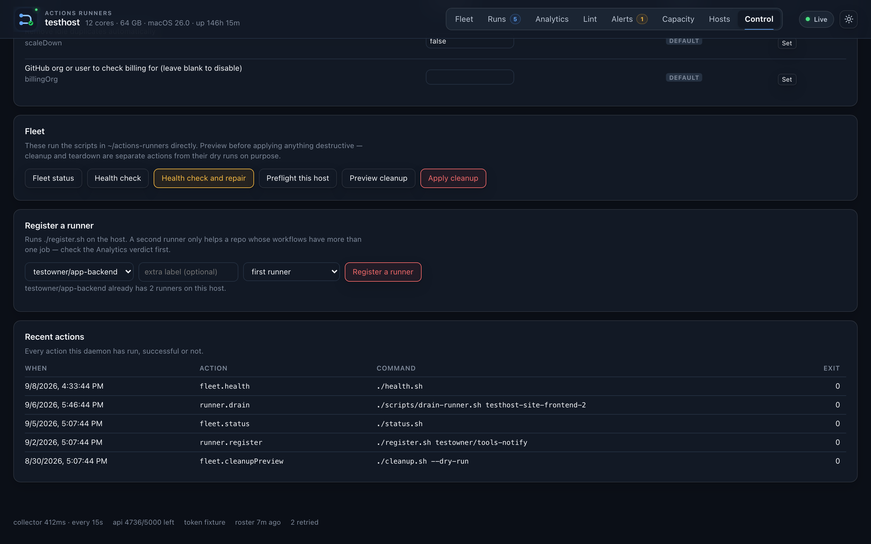 The Control tab: the action catalogue, the live settings table showing which layer each value came from, and the audit log