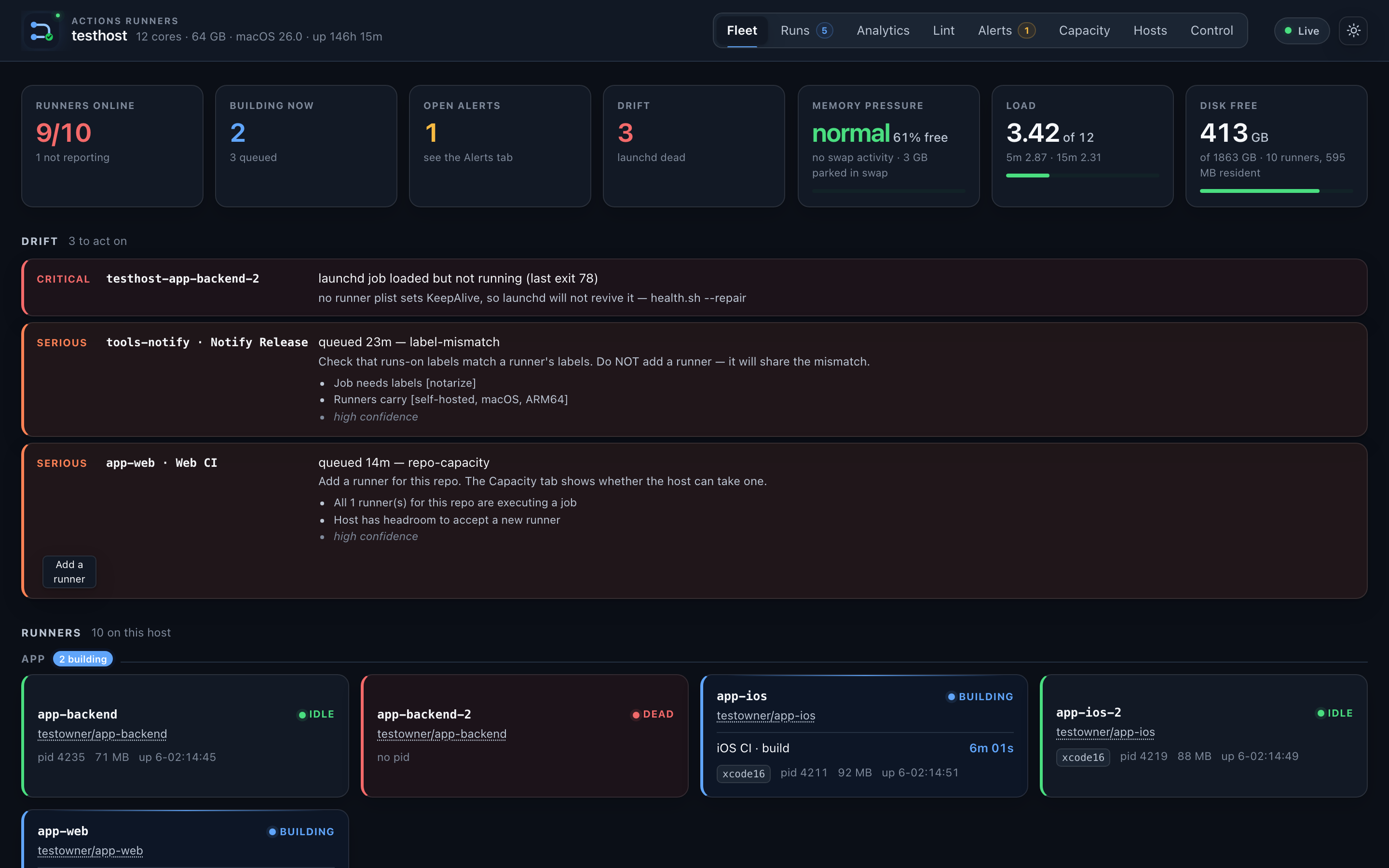 The Fleet tab showing the registered runners grouped by project, each with a status badge, and the drift count at zero