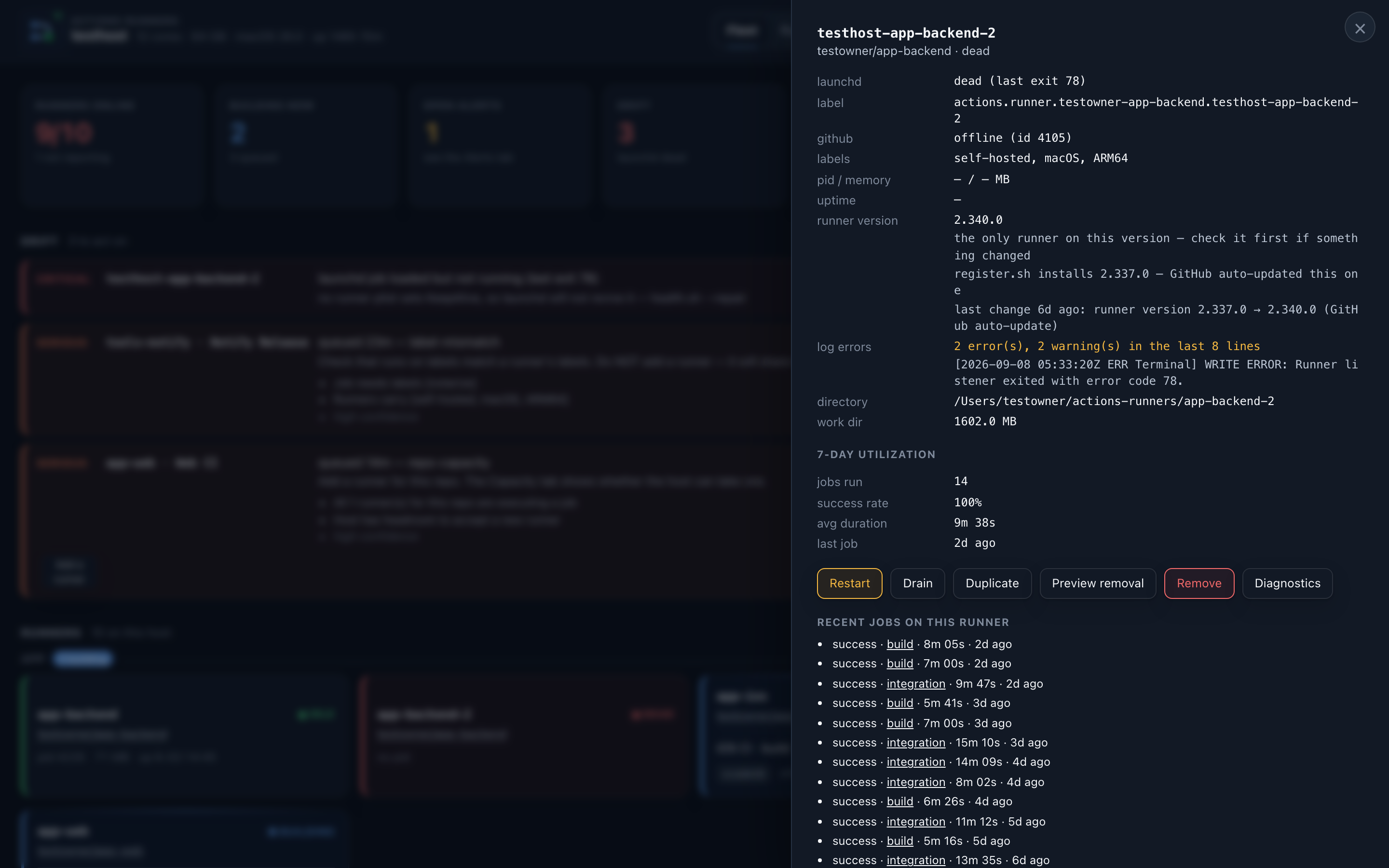 The runner drawer for a runner in launchd-dead drift: last exit code, the errors its own log recorded, a runner version that GitHub auto-updated, seven-day utilisation, and the actions available on it