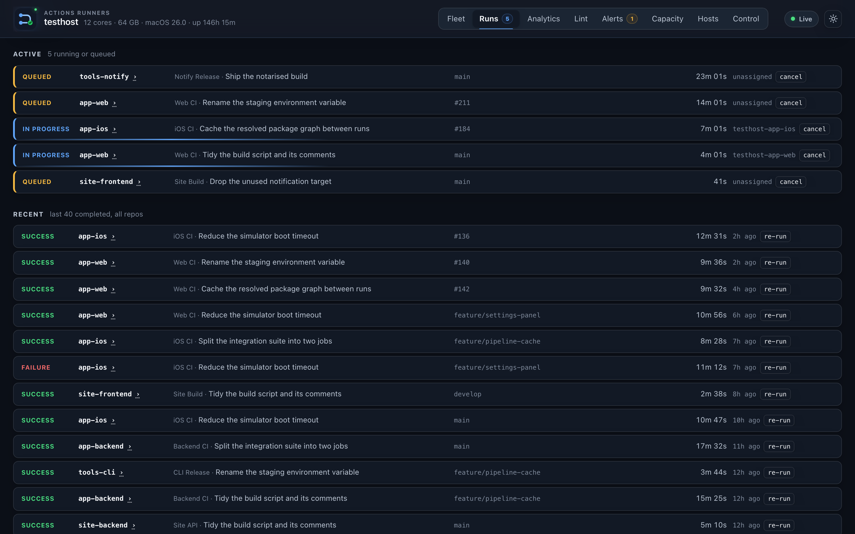 The Runs tab: what is building now with elapsed time and the runner that claimed it, the queued jobs with their diagnosed cause, and the recent runs below