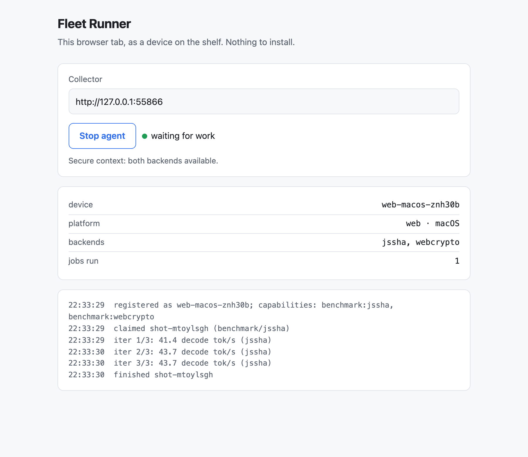 The browser runner: a Chromium tab registered with a collector and running a benchmark